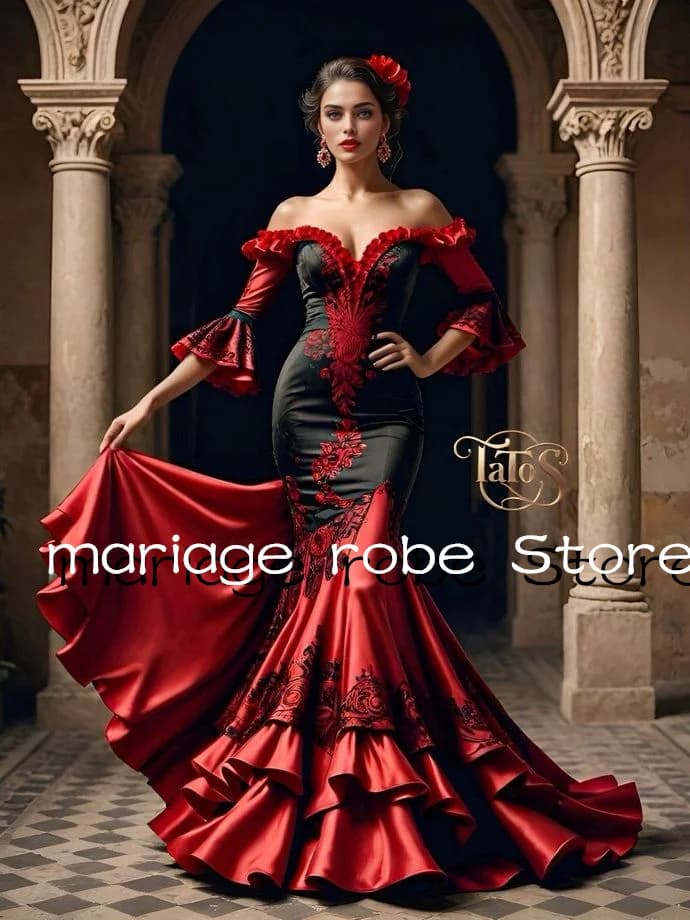 Nero Rosso Sirena TatosCouture Abiti da ballo con spalle scoperte Ruffles Ricamo Flamenco Pista Abito da sera Personalizzato