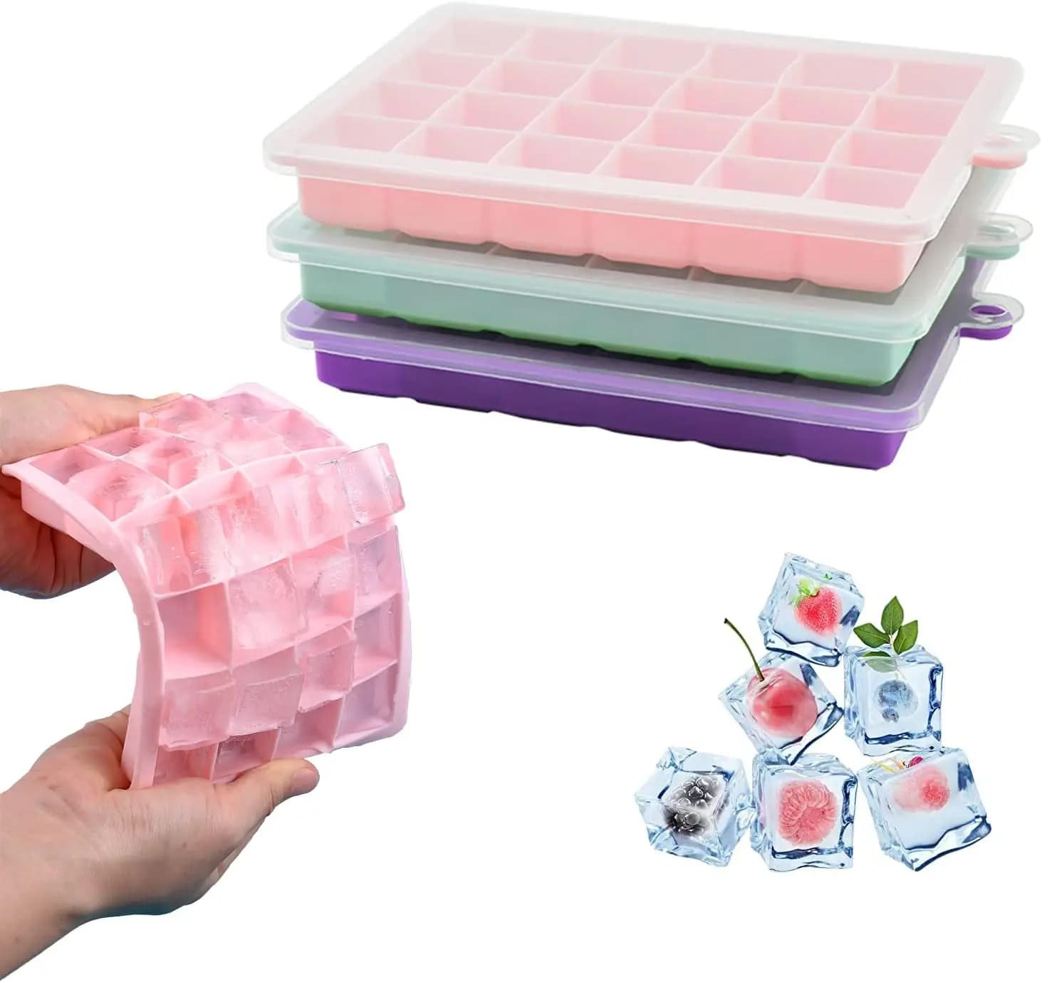 Set di 3 Stampi per Cubetti di Ghiaccio in Silicone, Senza BPA, per Bevande, Facili da Sformare, in Rosa, Blu, Viola