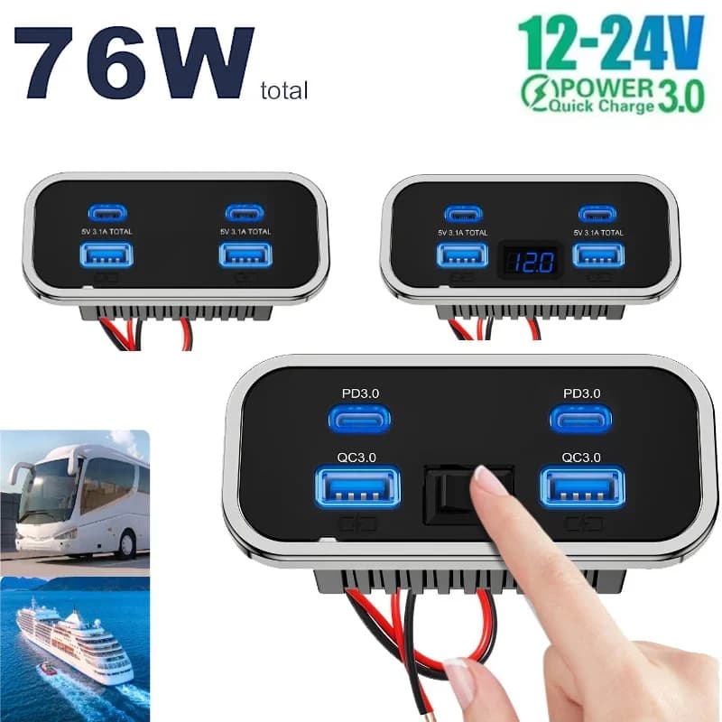 Presa USB 12V-24V a 4 porte Doppie porte USB-C PD3.0 e doppia ricarica rapida 3.0 porte Pannello presa di ricarica rapida per camion marino per auto