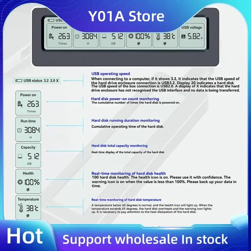 Y01A Custodia SSD M2 Adattatore SSD USB3.2 Gen2 Tipo C 10 Gbps con schermo di visualizzazione Disco esterno USB 3.2 Gen2 digitale intelligente da 10 Gbps