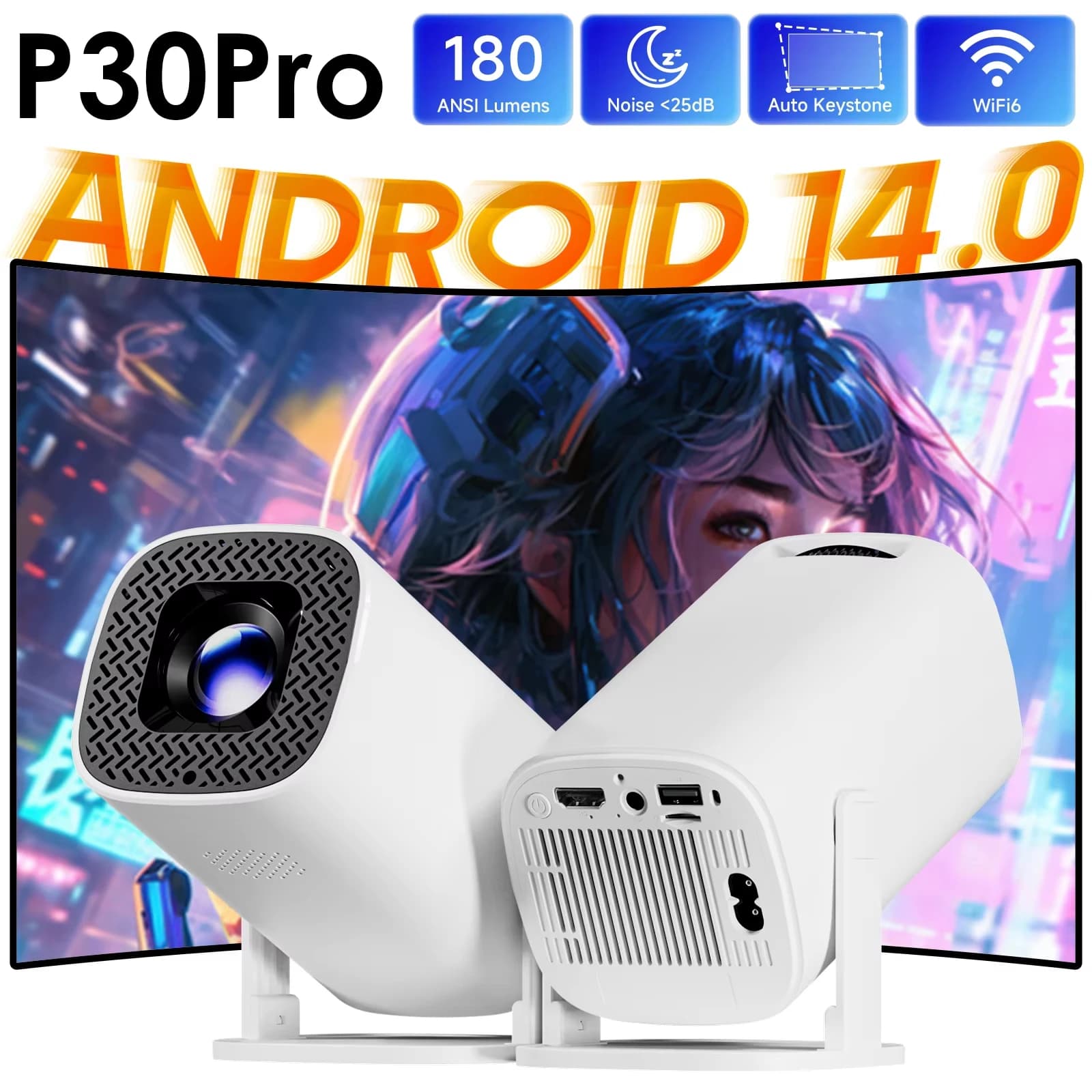 Proiettore Smart P30PRO Android 14 WiFi 6 Bluetooth 5.0 Supporta 4K 1280 * 720P Supporta Screen Mirroring Proiettore Home Theater
