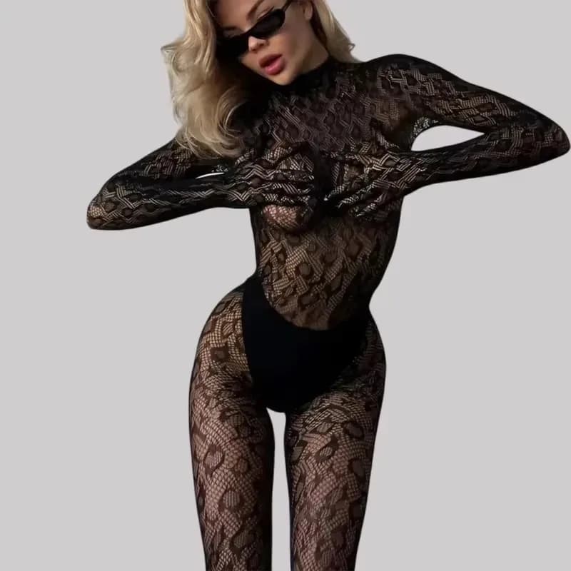 Nuovo Set Lingerie Sexy Senza Schienale con Cut-out, Reggiseno e Bodystocking Trasparente a Rete a Maniche Lunghe con Stampa Leopardata per Donna