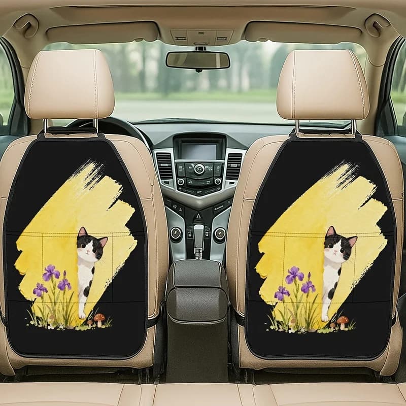 Car Seat Back Covers With Storage Pockets | Cute Black & White Cat With Purple Iris Flowers | Car Interior Decor Style