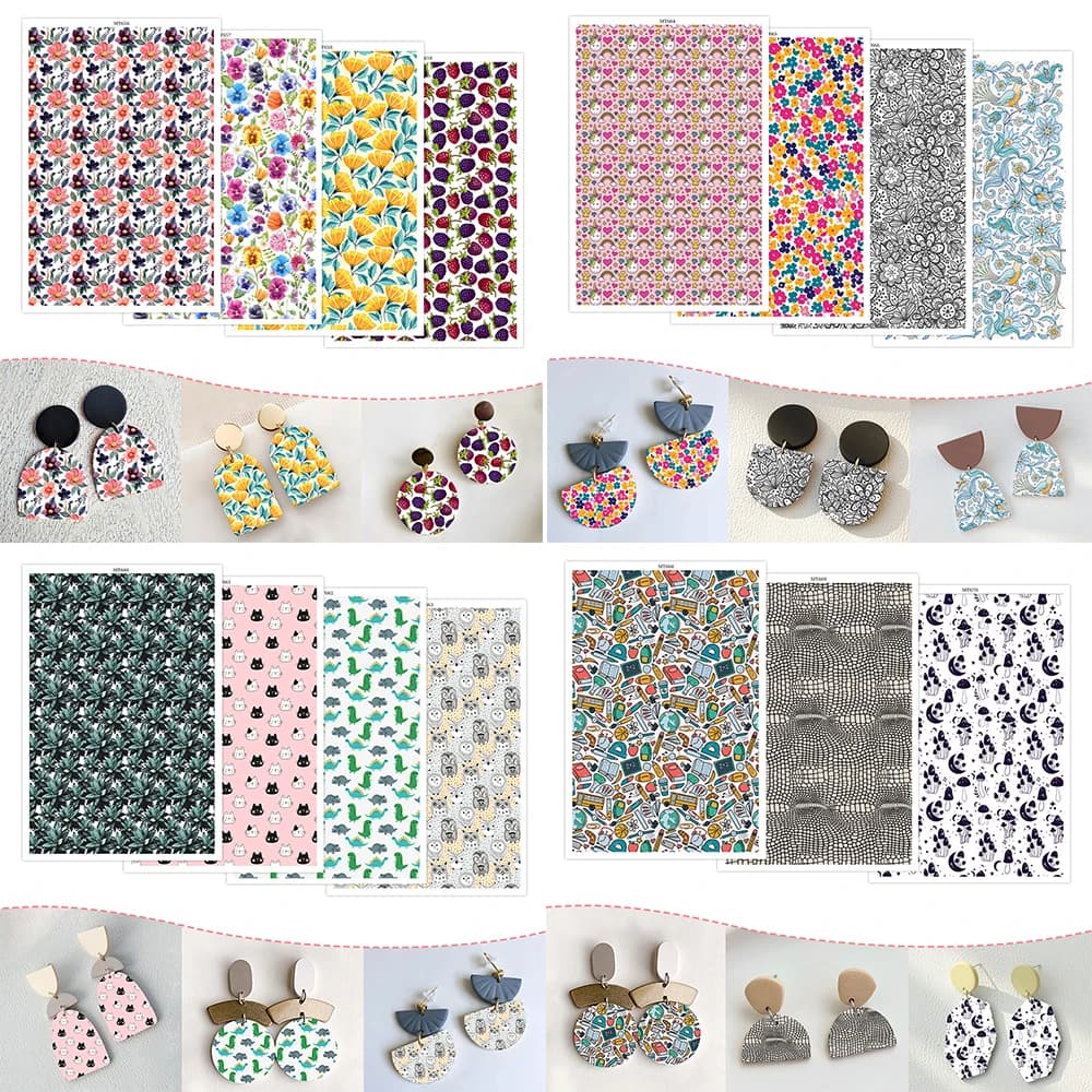 Simpatici animali e foglie di fiori Tema Carta per trasferimento in argilla polimerica Adesivi monouso solubili in acqua Stampa di orecchini in carta