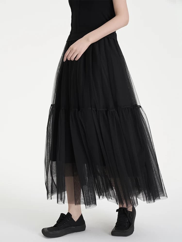 Gonna a Rete Nera a Vita Alta, Stile Casual Versatile, in Tessuto di Poliestere, per il Tempo Libero, Moda Femminile Primavera
