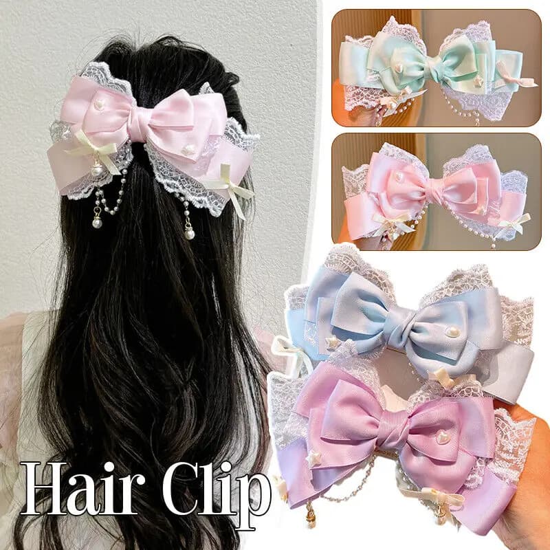 Fascia per capelli Lolita con fiocco in pizzo, accessori per capelli da donna, fascia per capelli Lolita fatta a mano con perle e fiocco