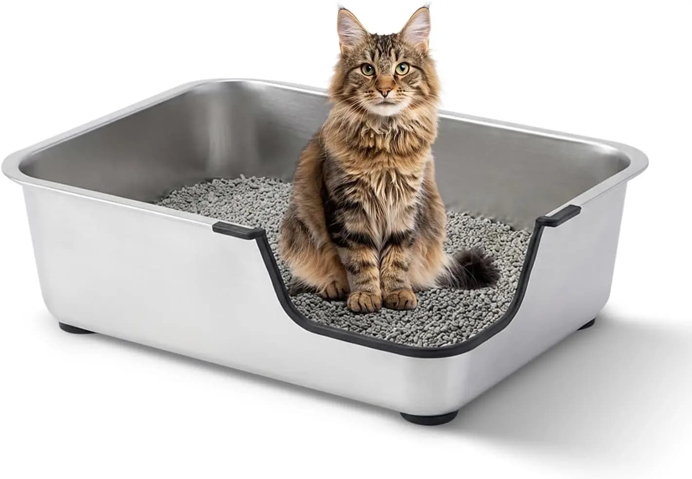 Lettiera per Gatti in Acciaio Inossidabile, 49,5 cm L x 34,6 cm L x 15,2 cm H, Lettiera Metallica con Ingresso Basso per Gatti Anziani o Infortunati, Antiscivolo