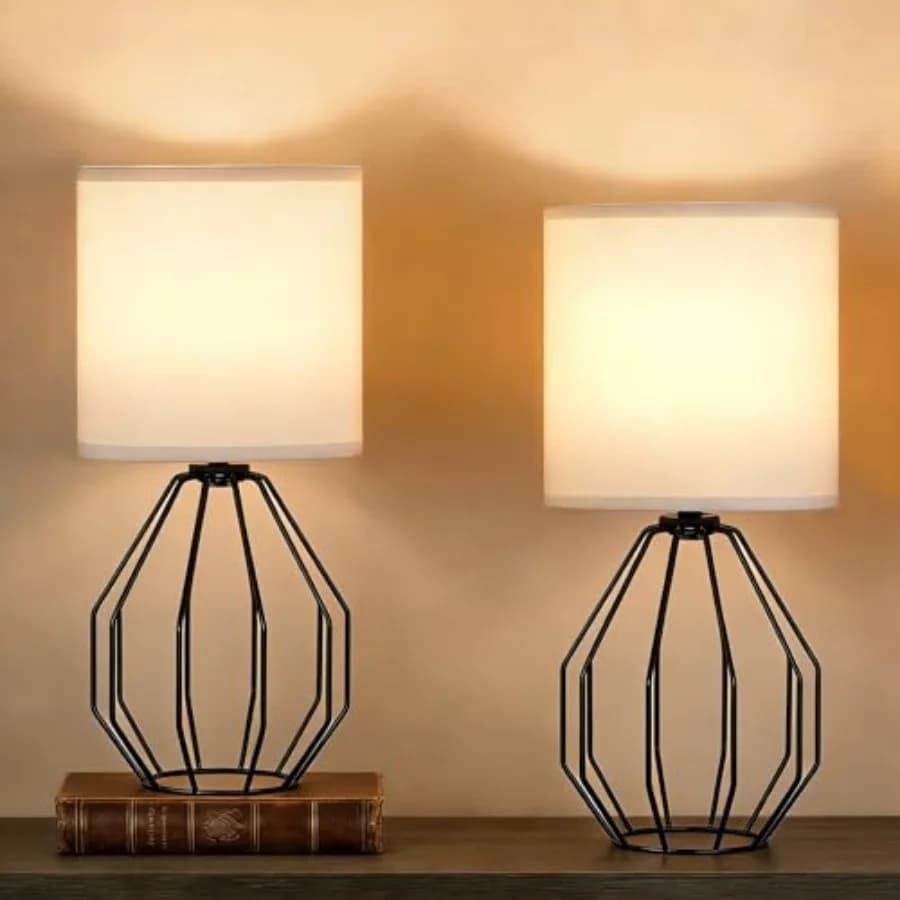 Set di Piccole Lampade da Tavolo, Graziose Lampade da Scrivania con Gabbia in Metallo e Paralume in Lino, Lampade da Comodino per Camera da Letto