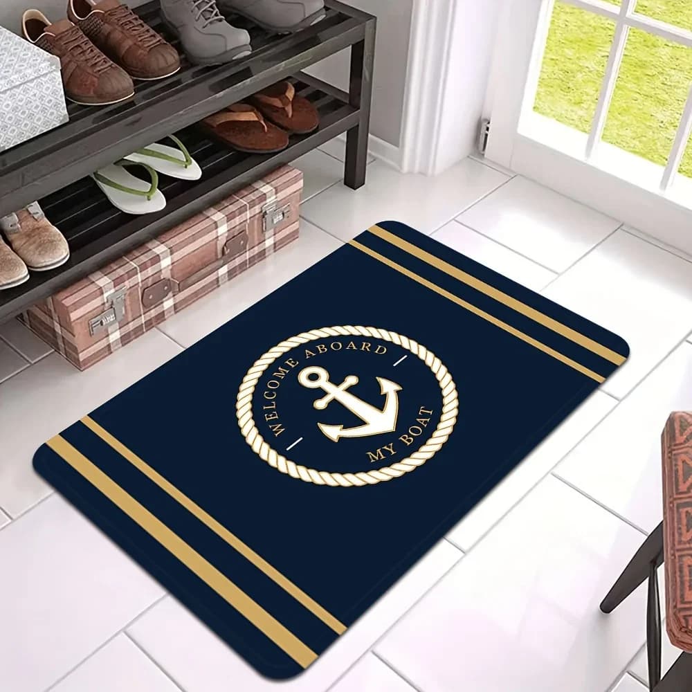 Tappetino di benvenuto con ancoraggio nautico Tappetino per porta antiscivolo in peluche "Benvenuto nel mio barca" Decorazione blu navy/oro per soggiorno interno