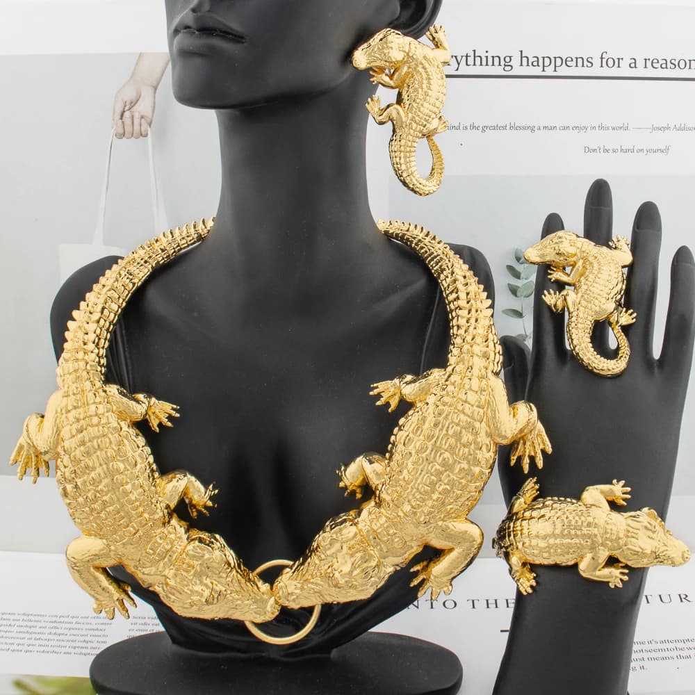 African Large Crocodile Jewelry Set for Women Lady Big Necklace Arab Gold Color Earrings Bracelet Bride Wife Anniversary Gift