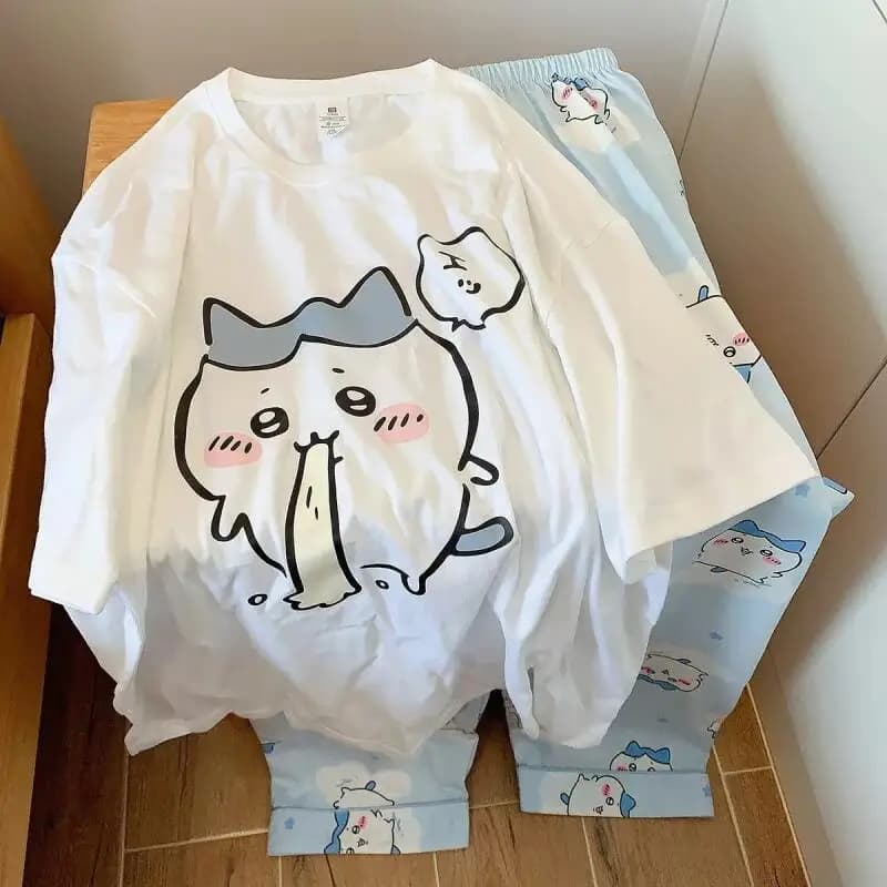 Chikawa Pijamas Kawaii Cotton Sleepwear Round Neck Long Sleeve Loose Cartoon Cute Usagi Pijamas Girl Set Outdoors Men Women Gift