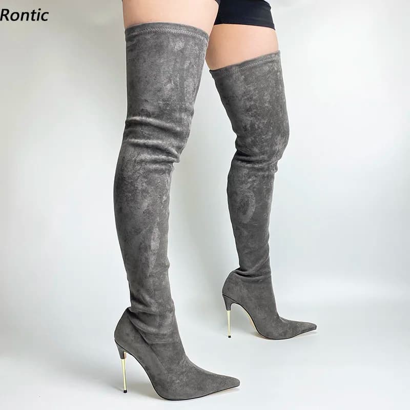 Rontic Stivali invernali da donna fatti a mano in pelle scamosciata Tacchi a spillo in metallo Punta a punta Scarpe da festa piuttosto grigio viola rosso Taglia USA 5-13