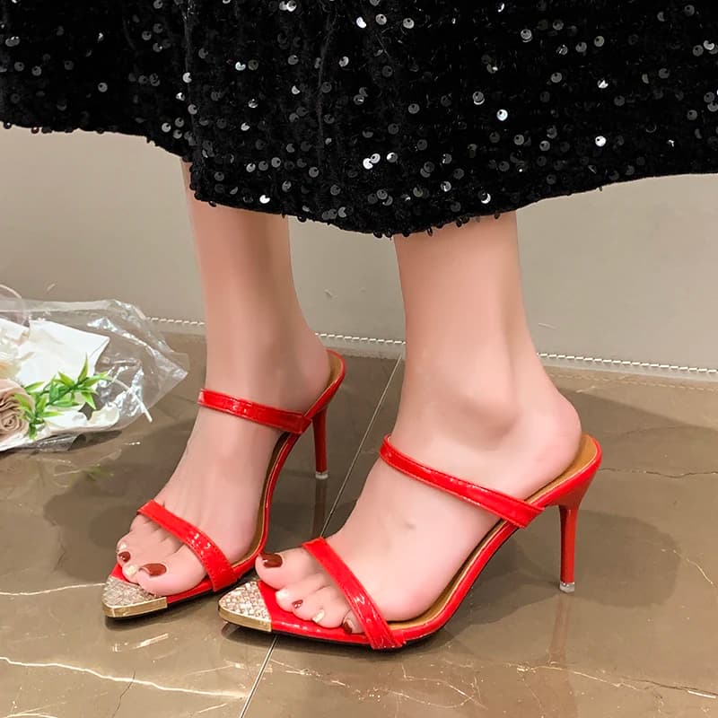 Pointed-toe Open-toe Low-heeled Stiletto Sandals for Women, 2026, with Rhinestone Metal Heel, Sexy Mature Style High Heels