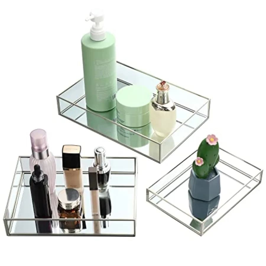 Set di 3 Vassoi a Specchio in Vetro, Vassoio per Trucchi Ornato, Vassoio Ottagonale Vintage in Metallo per Profumi, per Comodino, Camera da Letto, Bagno