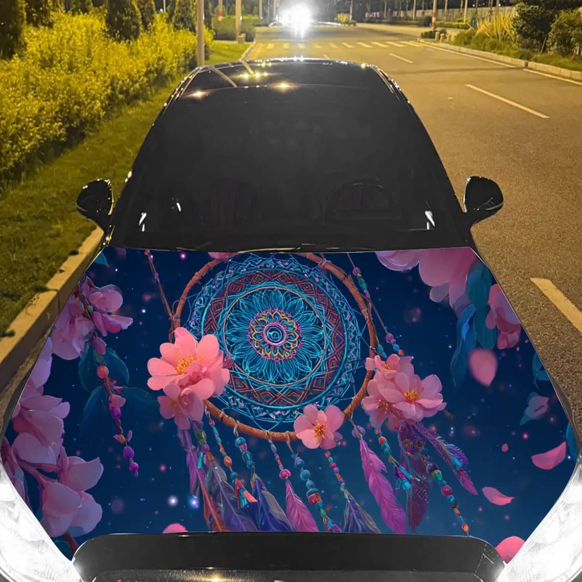 Enchanting Floral Dreamcatcher Car Hood Sticker, Waterproof Self-adhesive Vehicle Vinyl Wraps Decal, Trendy Auto Exterior Decora