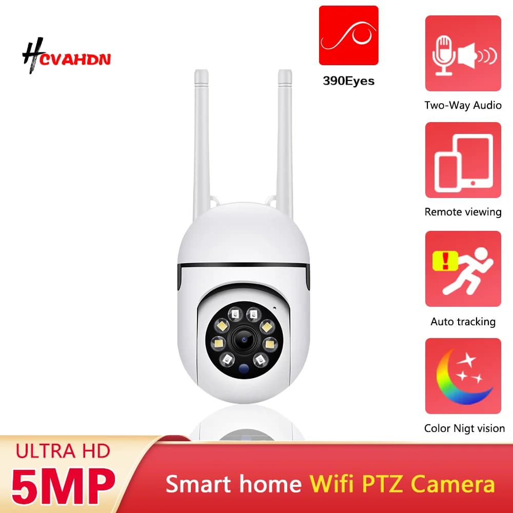 Telecamera di Sorveglianza WiFi PTZ 5MP con Tracciamento Automatico Intelligente, Visione Notturna a Colori, Monitor per Bambini e Sicurezza Domestica
