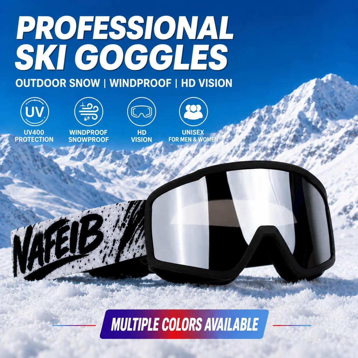 Panoramic Outdoor Ski Goggles, Wide Clear Vision, Wind & Snow Resistant Protective Eyewear for Men Women Skiing & Mountaineering