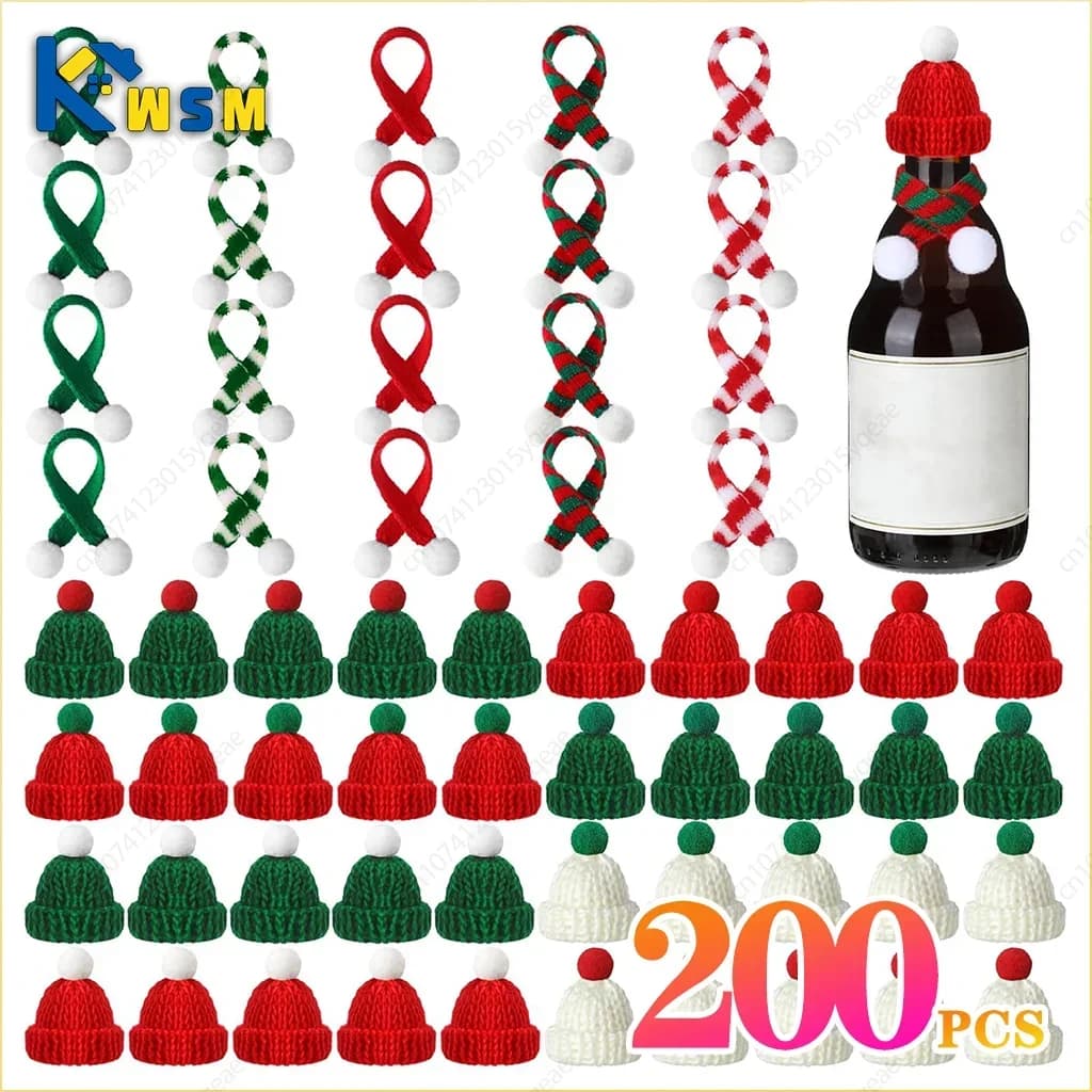 200PCS Christmas Small Hat Mini Small Scarf Red Green Christmas Color Dress Up Hanging Finger Wool Ball Decoration Hat