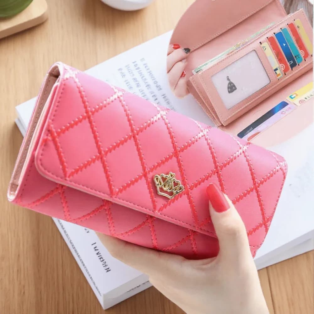 Simpatico portafoglio rosa per donna, portamonete lungo in pelle PU scozzese, portamonete, porta cellulare, design elegante