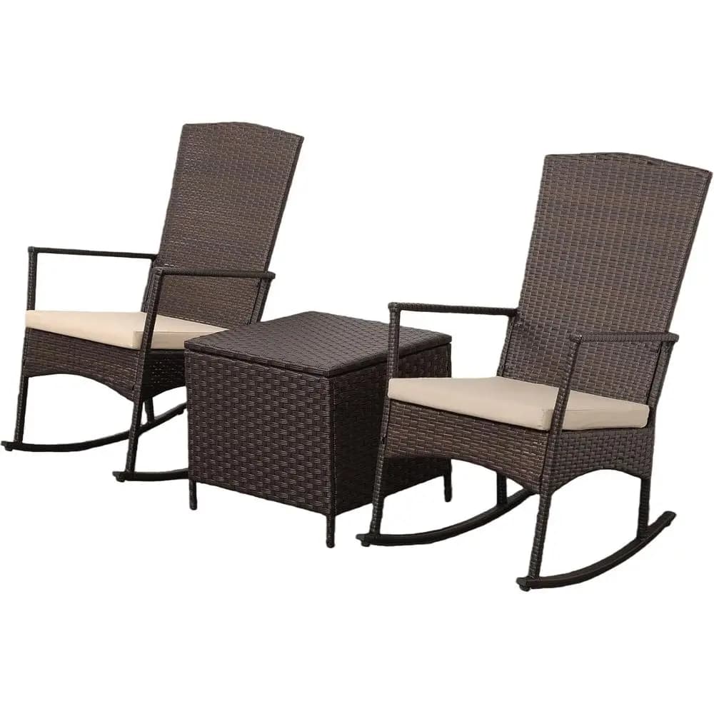 Set di 3 sedie a dondolo da esterno in vimini con 2 poltrone e tavolino laterale portaoggetti, cuscini lavabili color kaki