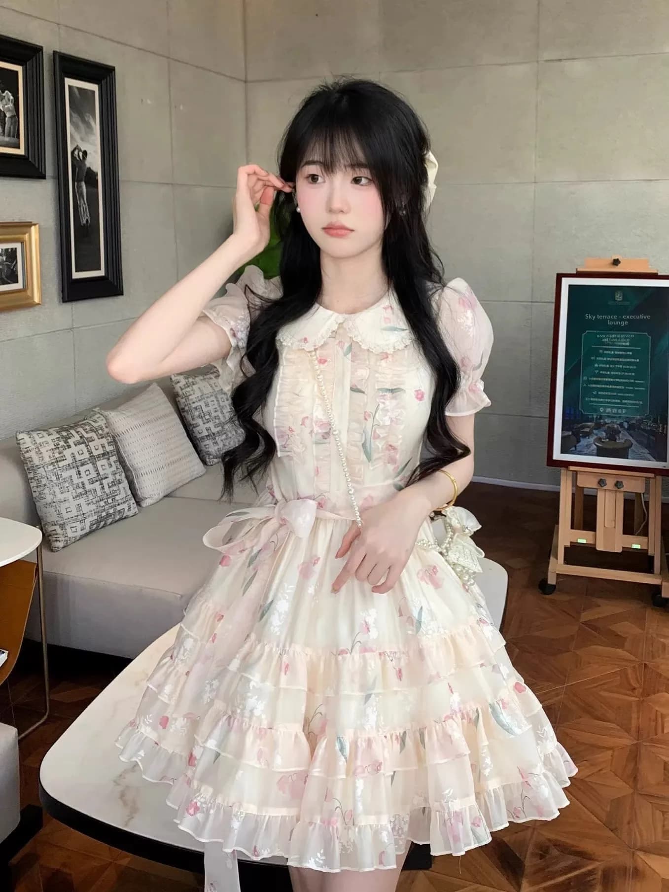 Summer Floral Print Puffy Doll Collar Princess Style Dress Women's Short Sleeve Cake Skirt Single Piece Other Materials