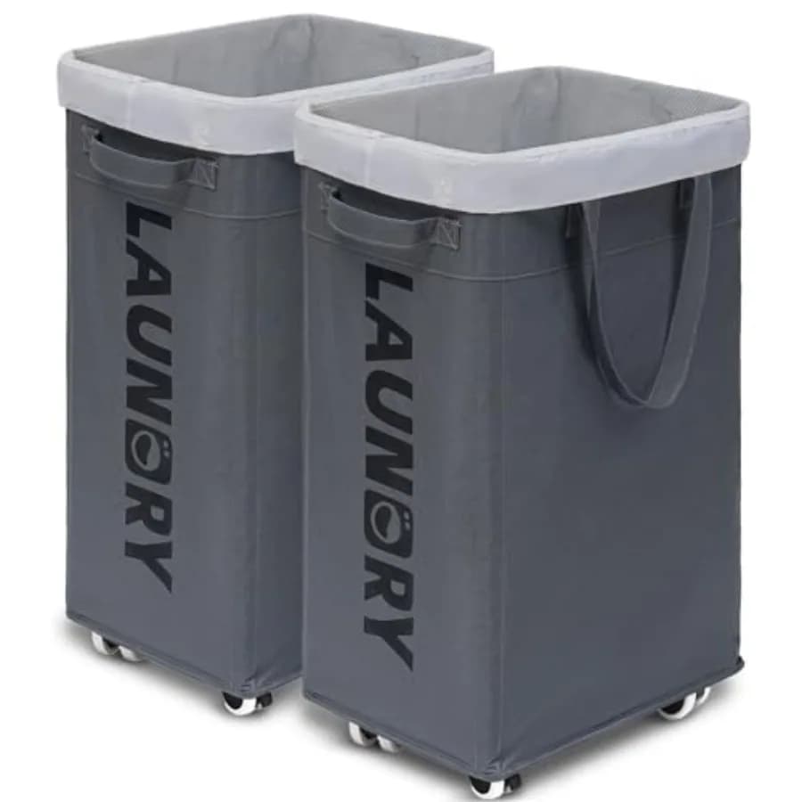 Hamper with Wheels, 2-Pack 75L Foldable Laundry Baskets with Removable Wash Bags, Dirty Laundry Basket for Corner Dorm, Grey