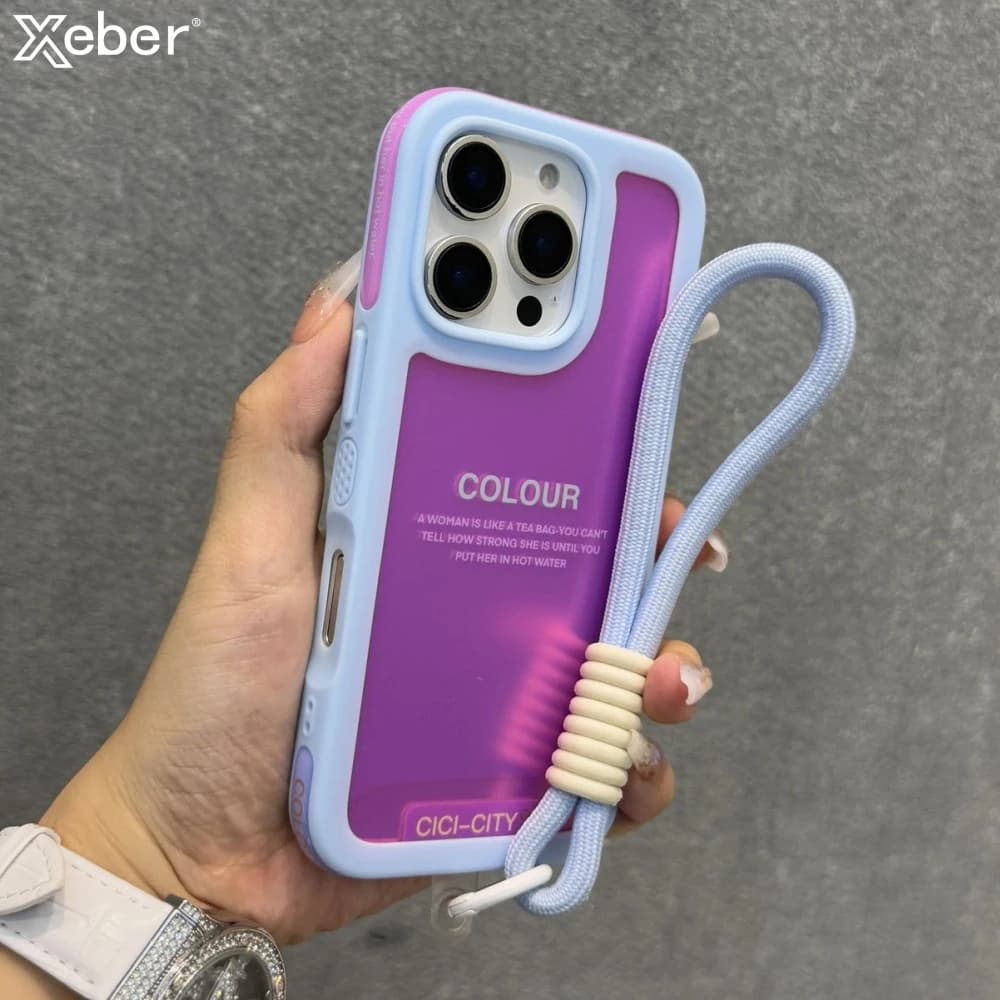 Case with contrasting color laser wrist strap of candies for iPhone 14 15 16 17 Pro Max Soft case for bumper with anti-lost cord IMD ribbed