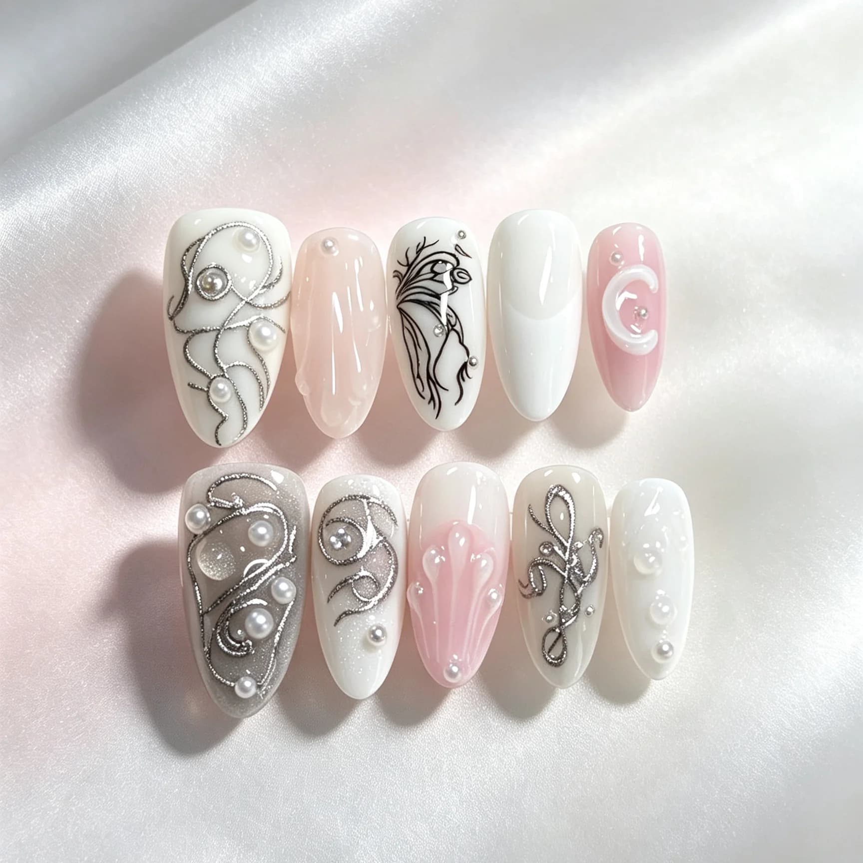 Medium Almond 10Pcs Press On Nails, Nude Silver Line Pearl Moon Butterfly Handmade Fake Nails, Cool Y2K Nail Art Tips