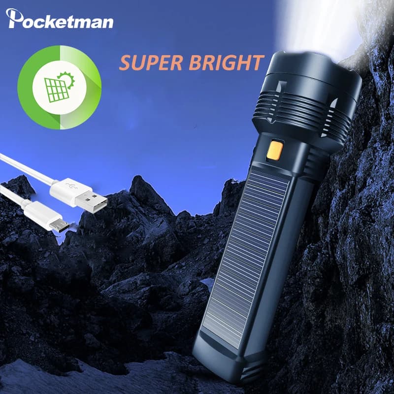 Solar-powered Flashlight Super Bright Portable USB Rechargeable Torch with Side Lights Outdoor Emergency Light Waterproof Torch