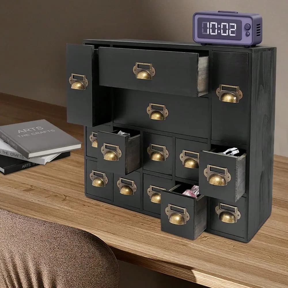 Cassettiera da Farmacia, Armadietto Rustico Nero in Legno per Libri e Cataloghi, Cassettiere da Farmacia da Tavolo con Maniglie in Metallo