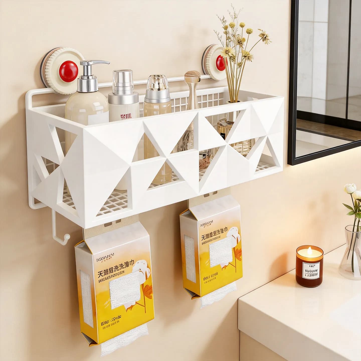 Suction Cup Heavy Duty Storage Basket, Punch-Free Wall Mount Organizer With Hooks For Bathroom Towel Tissue Washstand