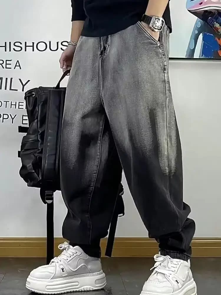 Retro Washed Loose Fit Casual American Style Men's Jeans Distressed Heavyweight Straight Leg Trendy Cone Shaped Pants