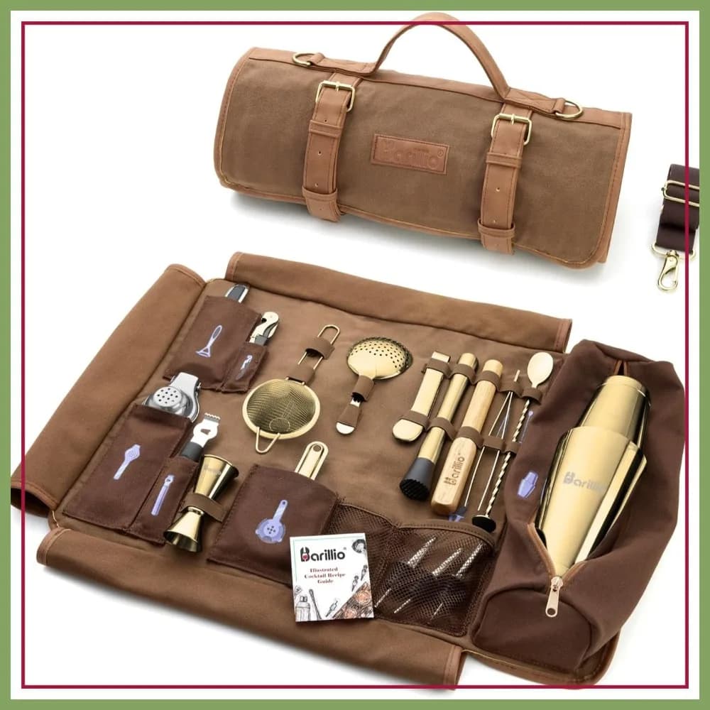 Set da Cocktail in Oro da 17 Pezzi in Borsa di Tela Cerata - Kit da Bar da Viaggio con Tracolla