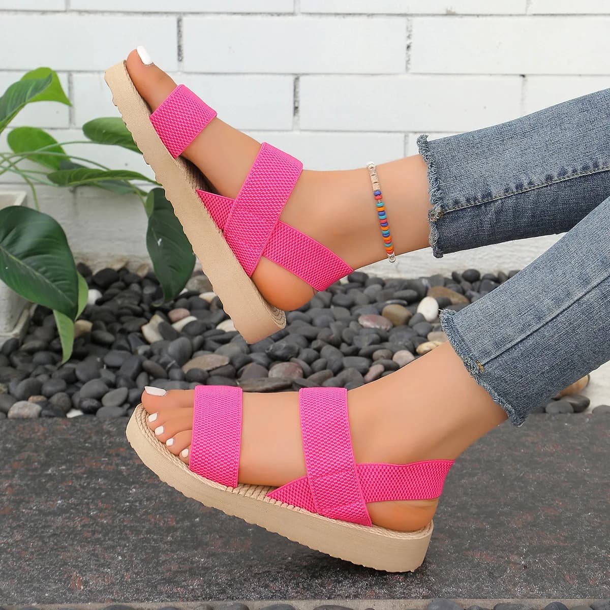 2026Women Slingback Wedge Sandals Outdoor Summer Lightweight Slides Solid Color Thick Bottom Ladies Slipper Female Roman Sandals