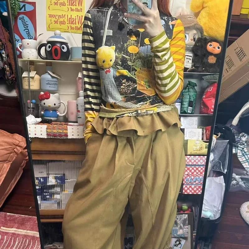 Deeptown Y2K Graphic Juminocore Harajuku Striped Women T-Shirts Kawaii Long Sleeve Japanese 2000s Style Tees Slim Cute Casual