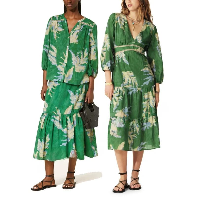 Women's Green Gradient Cotton Blend Lantern Sleeve Dress Shirt Half Skirt Set Early Autumn Fashion Ensemble Long Sleeve