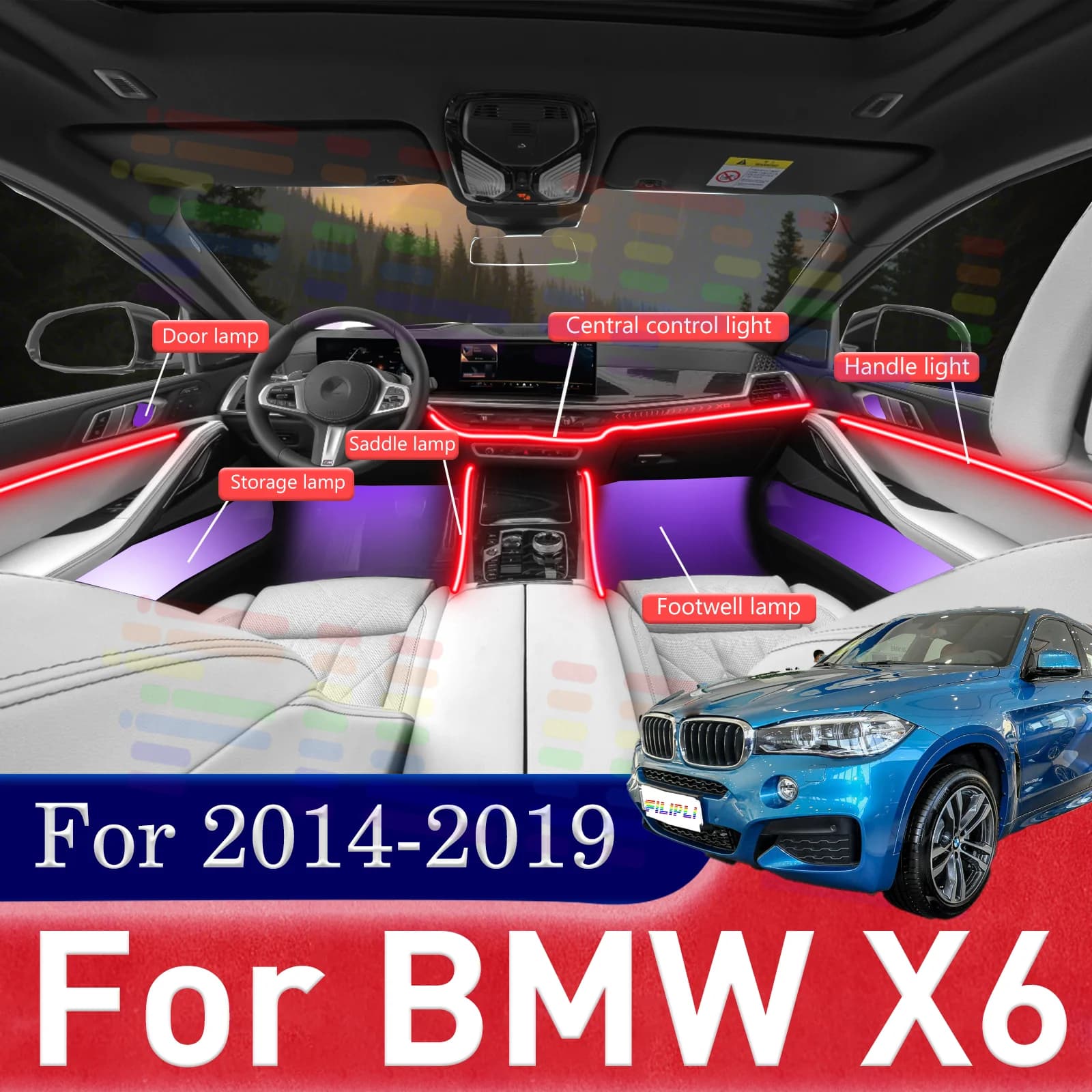 Kit 18 in 1 per BMW X6 E71 F16, Luci Ambientali LED per Auto, Illuminazione Atmosferica Colorata, Striscia Neon per Interni Auto, 64 RGB, 64 Colori, 12V