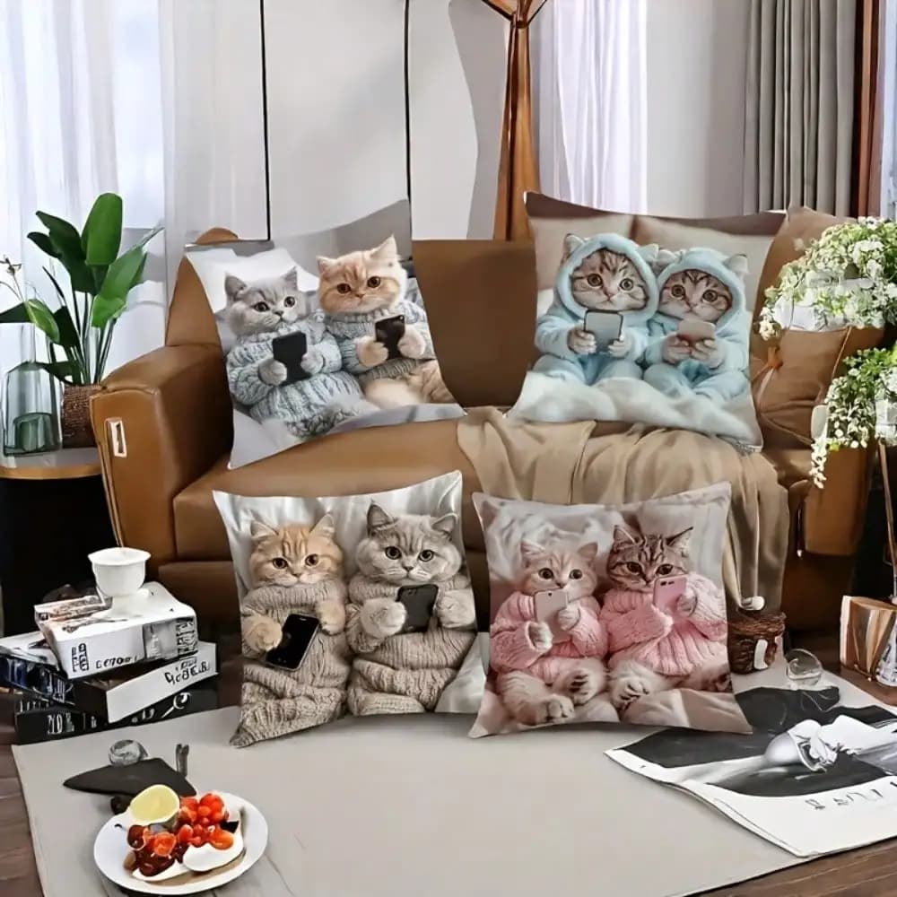 4pcs Cute Cat Playing with Phone Pillow Covers, Lovely Healing Style Home Cushions, Sided Printed Square Polyester Pillow Cases, Modern Sofa Decor, All Season Indoor Outdoor Use, Perfect Gift, No Pillow Insert