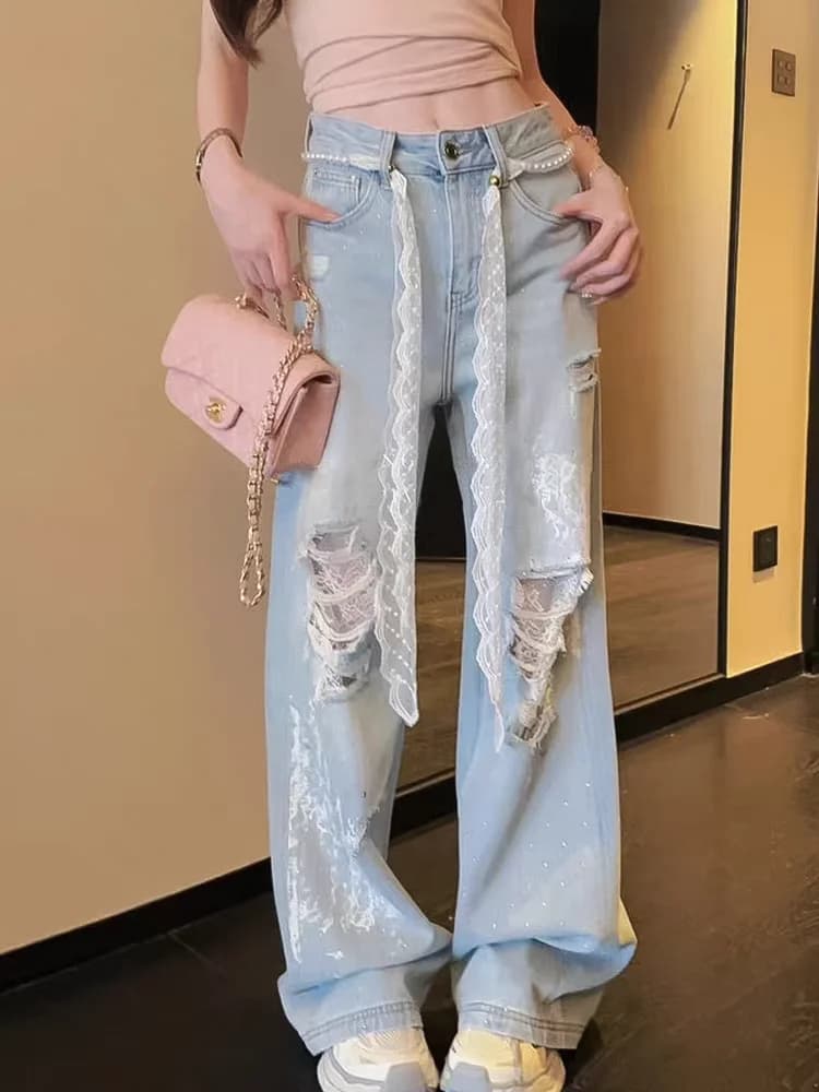 Korean Style High Waist Straight Leg Lace Hole Denim Jeans Women's Spring Summer Fashion Design Loose Wide Leg Pants