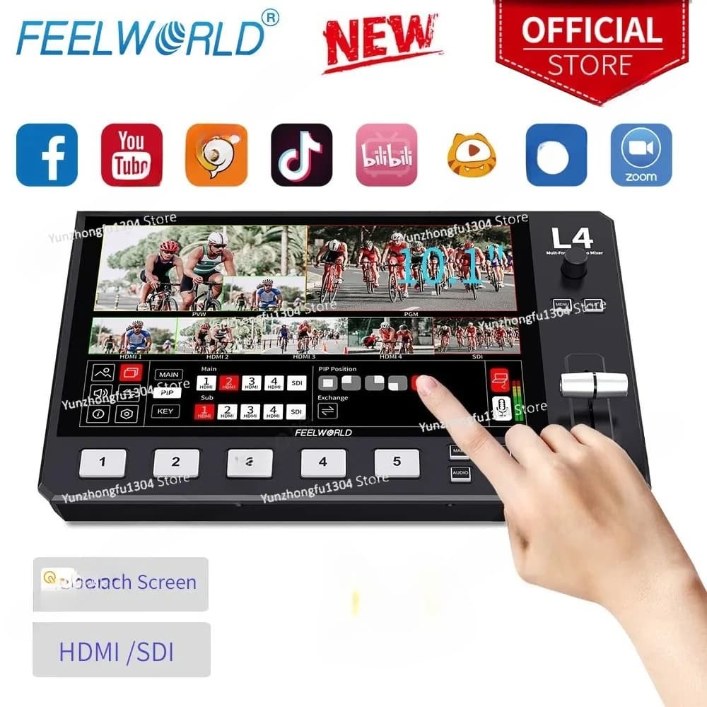 FEELWORLD L4 Mixer video multi-camera Switcher Touch screen da 10,1" USB3.0 HMDI SDI USCITA Streaming veloce per Youtube Tikok