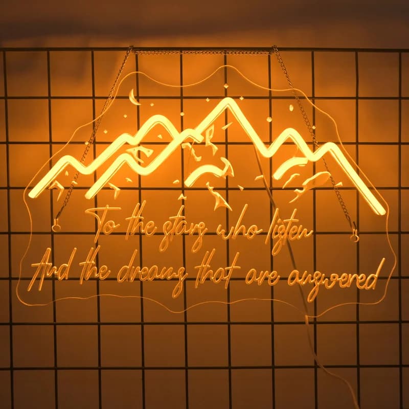 Insegna al neon di montagna per la decorazione della parete Luci a LED gialle dorate Decorazione della stanza per la camera da letto Hotel Vacanza Casa Festa Bar Club Lampada USB