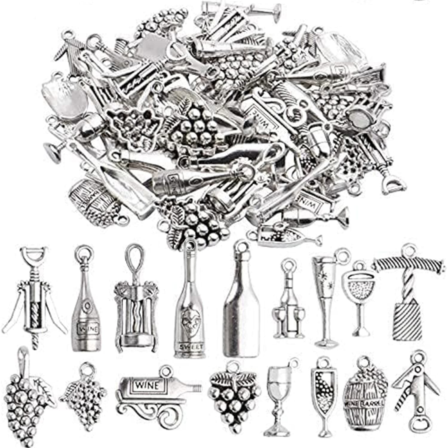 68 Pezzi Ciondoli in Argento Tibetano, Apribottiglie per Vino, Charms a Forma di Grappolo d'Uva, Accessori per Gioielli Fai-da-Te, per Collane e Bracciali