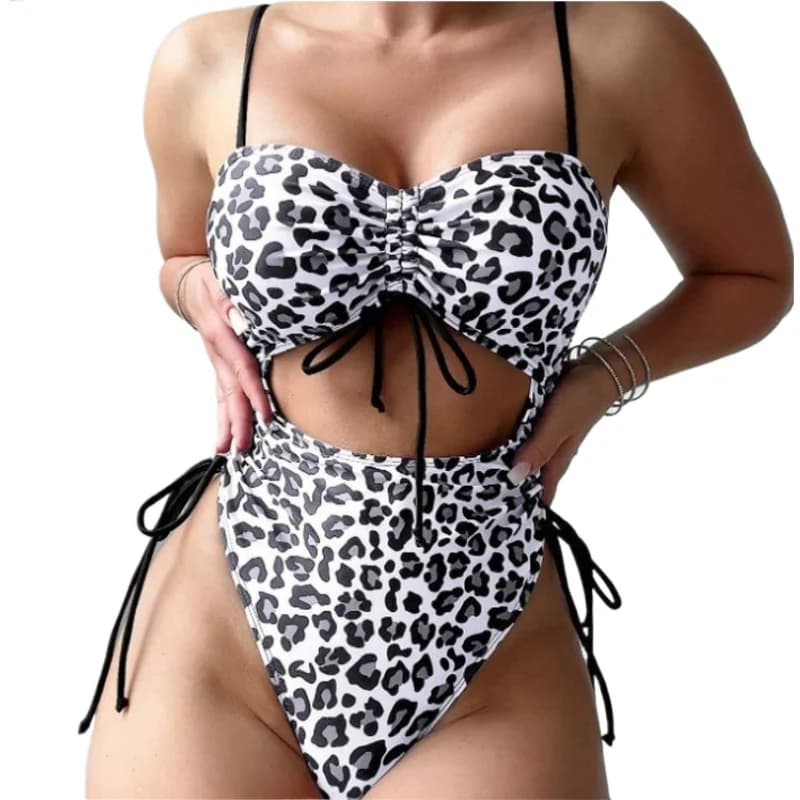Costume da bagno intero sexy con stampa leopardata, a vita alta, con coulisse, bikini a due pezzi per donna, per l'estate e la spiaggia