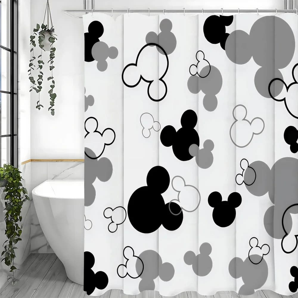 Modern Geometric Shower Curtain Black White Grey Mickey Mouse, Decorative Shower Curtain for Bathroom, Waterproof Shower Curtain with Hook