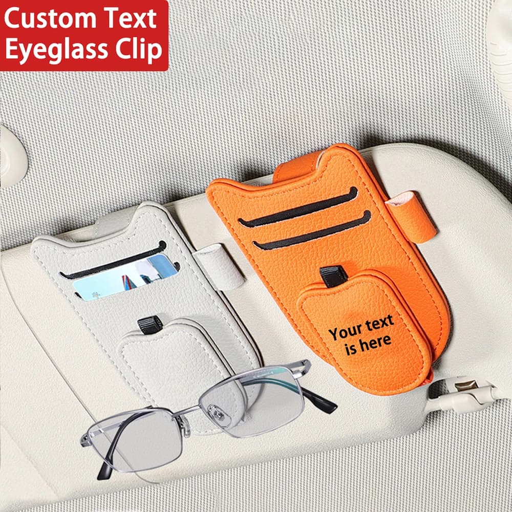 Clip per Occhiali Personalizzabile con Testo, Porta Biglietti da Visita e Fatture in Pelle PU, Clip per Occhiali da Sole con Testo Personalizzato