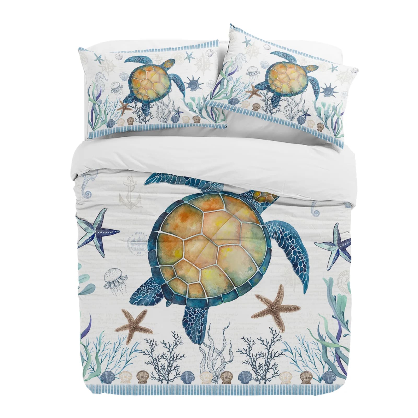 Copripiumino con guscio di stella marina tartaruga marina blu con federa Set di biancheria da letto personalizzato 3 pezzi Copripiumino Letto matrimoniale Tessili per la casa