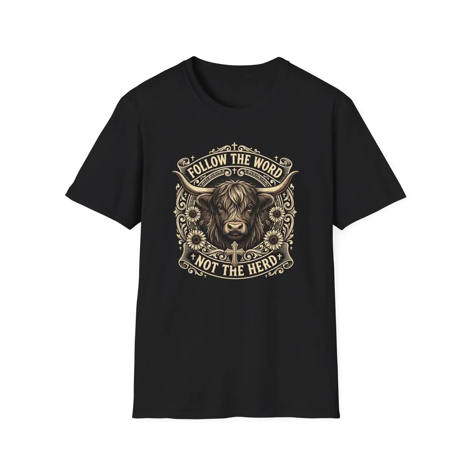 Follow The Word Not Herd T Shirt Highland Cow Bible Verse s Scripture vintage Washed homme fashion Casual Slightly Versatile