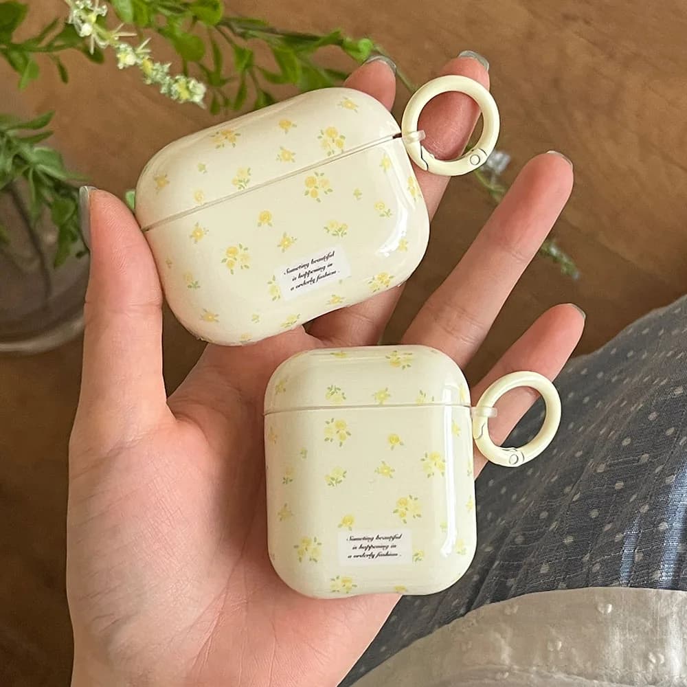 Korea Cute Full Flower Yellow Glossy Soft Protective Case for Apple AirPods 1 2 3 4 Pro 2 Shock Cover Funda with Keyring