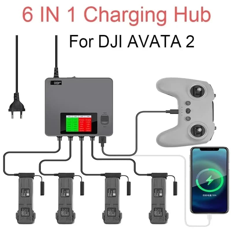 6 in1 Digital display BatteryCharger for DJI AVATA 2 Drone BatteryCharging Hub Fast Smart Battery Charger with USB adapter