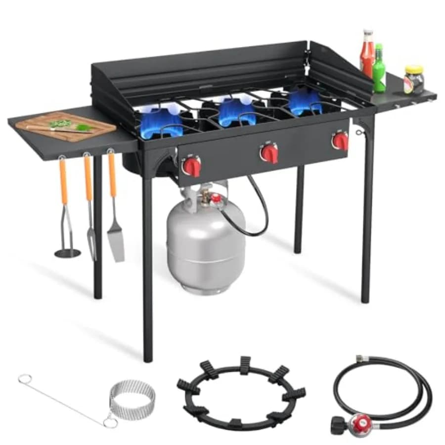 Propano 3 Fuochi with Anti-wind Panel and Side shelves for Camping, Black Steel Exterior Stove